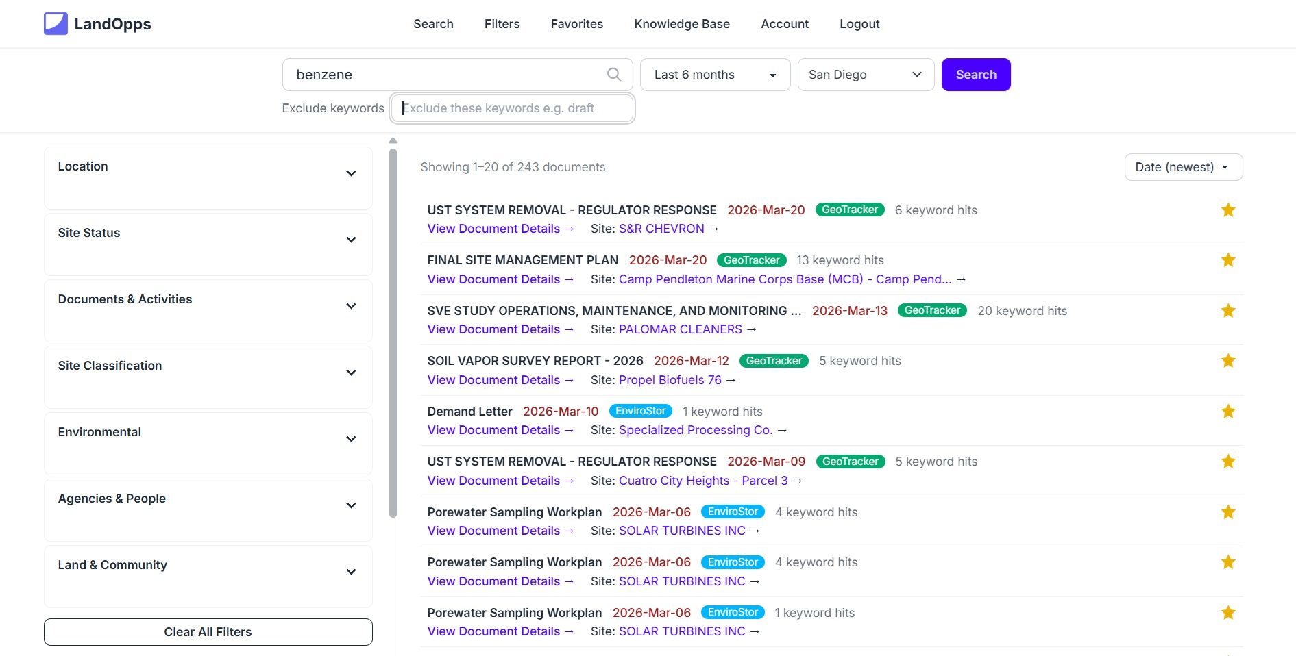 LandOpps search interface with real query and results